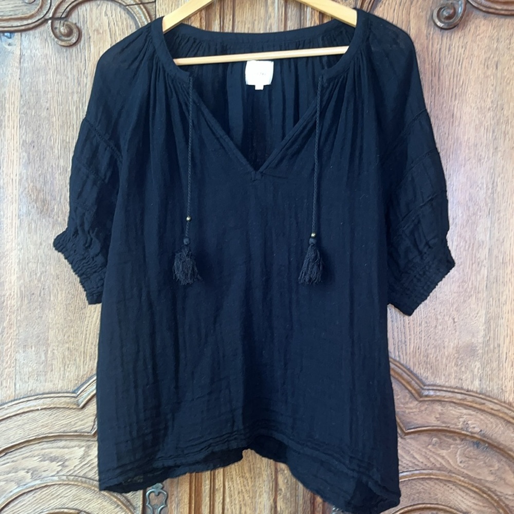 Sundays Colette Eyelet Puff Sleeve Blouse Top Womens 3 Black Cotton Tasseled - Picture 8 of 16
